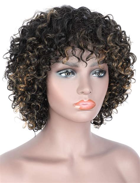 Beauart Short Black & Brown Highlights Deep Small Curly 100% Brazilian Remy Human Hair Wigs for ...