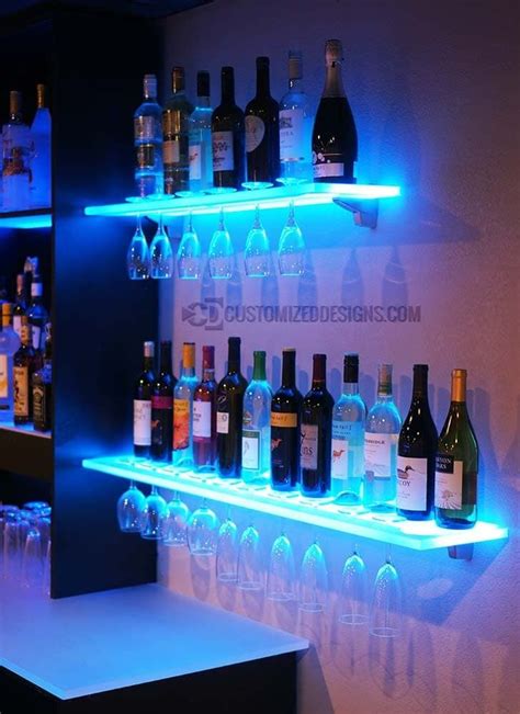 Floating Shelves w/ Wine Glass Rack, LED Lighting & Brackets | Home bar designs, Bar design ...