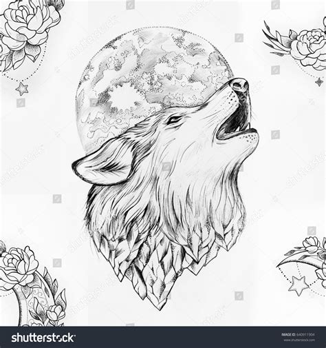 Seamless Drawing Wolf Howling Moon On Stock Illustration 640911904 ...