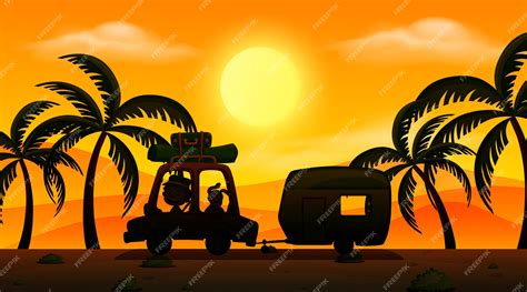 Premium Vector | Background scene with sunset and silhouette car on the ...