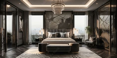 An opulent Art Deco Bedroom with a metallic geometric rug and Art Deco ...