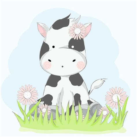 Premium Vector | Cute baby cow with flower cartoon hand drawn style