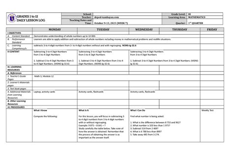 DLL Mathematics 3 Q1 W7 - Math DLL - GRADES 1 to 12 DAILY LESSON LOG School: Grade Level: III ...