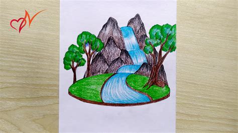 How to Draw a Beautiful Waterfall Scenery