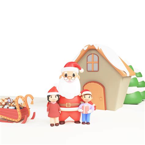 3D Santa Claus Standing With Kids In Front Of Snow House, Xmas Trees And Sleigh Full Of Gift ...
