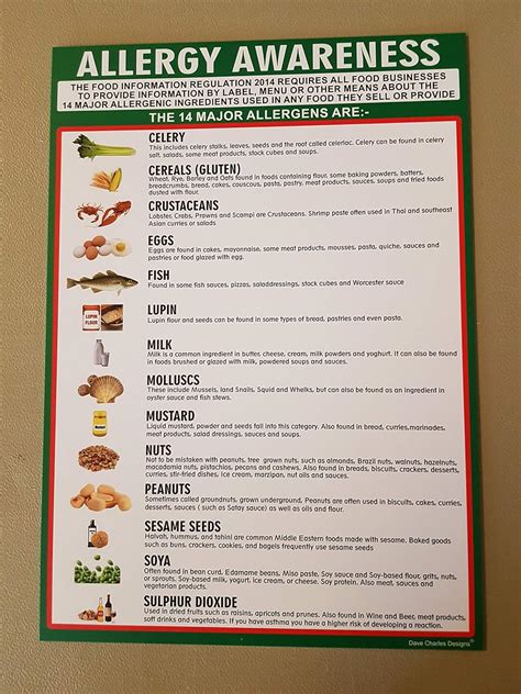 FOOD ALLERGY AWARENESS SIGN A4 LIST (297mm x 210mm) LAMINATED 400g 14 allergens POSTER The ...