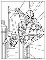 spiderman And Iron Man Flying Over The City coloring Pages For Kids To  sketch template
