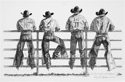 Cowboy Art, the Best Seats in the House, 11x16 Pencil Drawing of 4 Rodeo Cowboys on the Fence ...