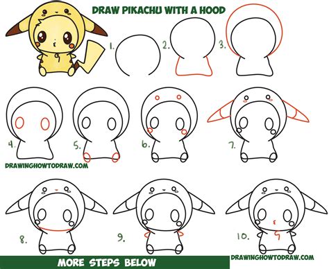 How to Draw Cute Pikachu with Costume Hood from Pokemon (Kawaii / Chibi Style) Easy Step by Step ...