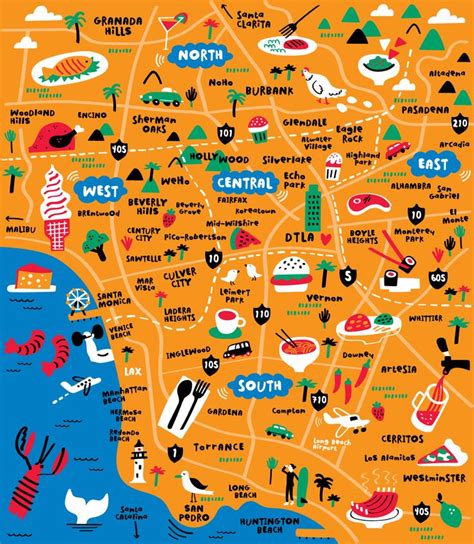 Illustrated map of Foodie Los Angeles by Nate Padavick | Illustrated ...