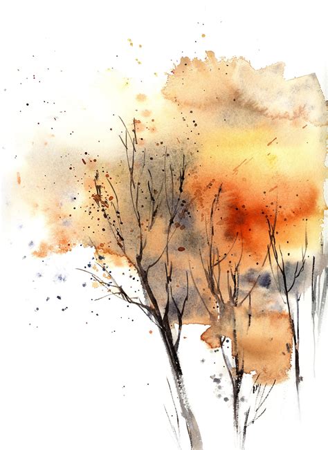 Autumnal trees painting, Abstract realism Original Watercolor Painting ...