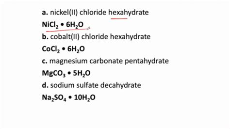 SOLVED:Write the formula for the following hydrates. a. nickel(II) chloride hexahydrate b ...