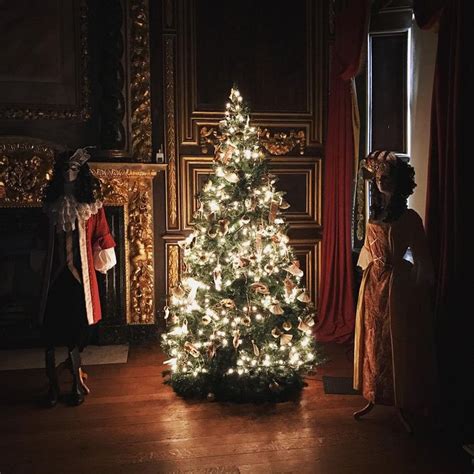 a christmas tree is lit up in the middle of a room with two people standing next to it