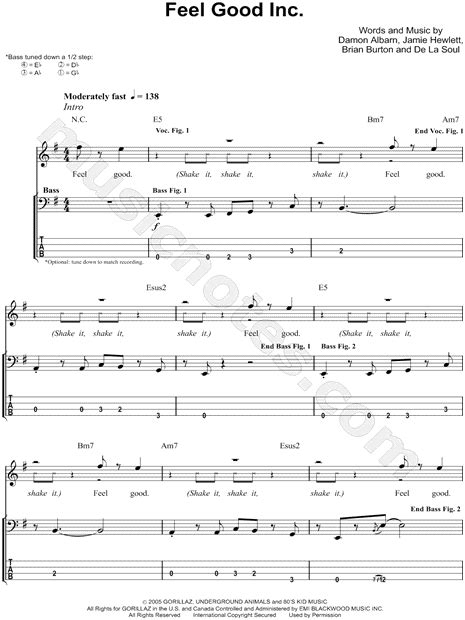 Gorillaz "Feel Good Inc." Bass Tab in G Major - Download & Print - SKU: MN0119192