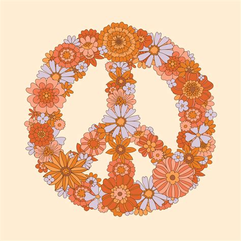 60s, 70s, pacifism, A symbol peace of the hippie in the style of the seventies, Groovy daisy ...