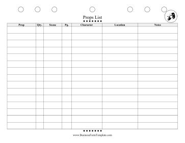 Props List Template for Production Set