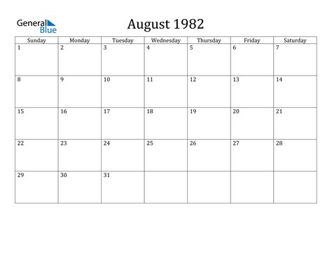 August 1982 Calendar - PDF Word Excel