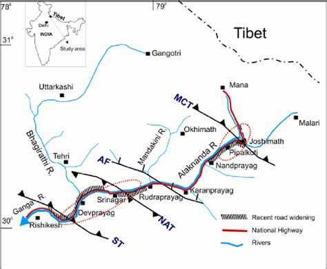 Map of the Upper Ganga and Alaknanda valley. Red dotted circles show... | Download Scientific ...