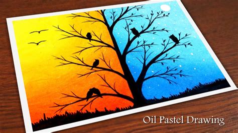 How to Draw Day and Night with Oil Pastels | Easy Tree drawing Step by ...