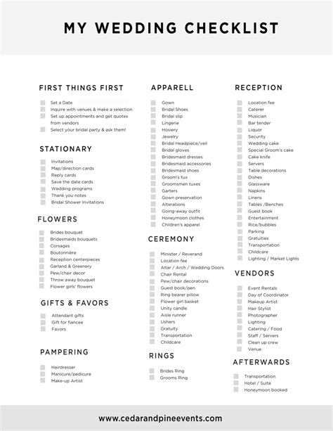 Free Printable Wedding Planning Check List - Cedar And Pine Events