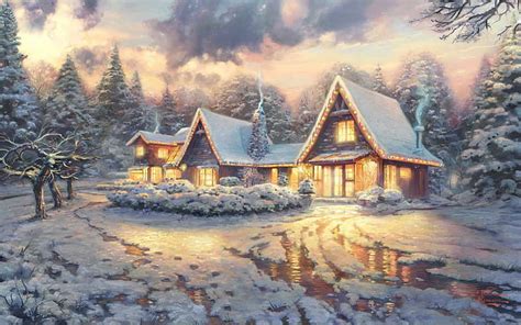 HD wallpaper: Holiday, Christmas, Christmas Lights, Cottage, Painting, Snow | Wallpaper Flare