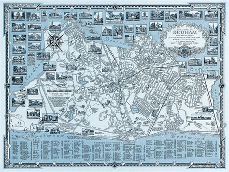 Dedham Massachusetts Antique Pictorial Map 1954 Cool Blue Photograph by Carol Japp - Pixels