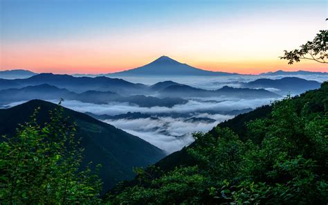 Fujiyama, Japan, Berg, Nebel, Wolken, Bäume, Morgen 1920x1200 HD Hintergrundbilder, HD, Bild