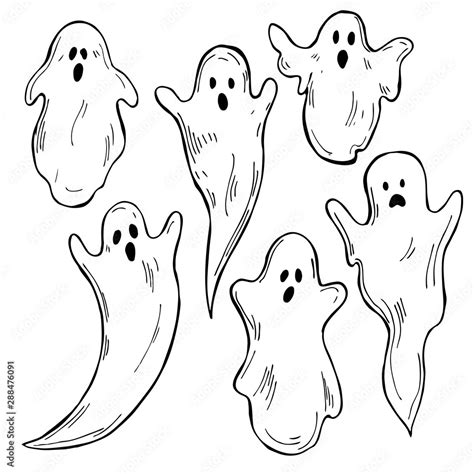 Hand drawn cute halloween ghosts on white background. Vector sketch illustration. Stock Vector ...