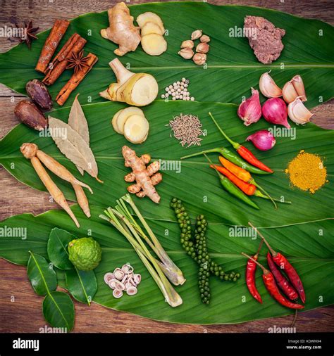 Various of Thai food Cooking ingredients and spice red curry paste ingredient of thai popular ...