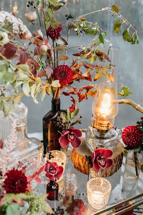 Vintage Crystal Décor and Oil Lamps with Fall Blooms and Leaves | Oil lamp centerpiece, Crystal ...
