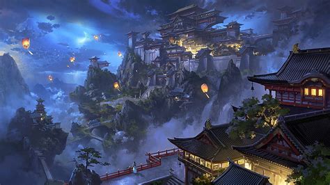 Anime, Sky Lantern, Mountain, Japanese, Castle, Night, japanese castle HD wallpaper | Pxfuel