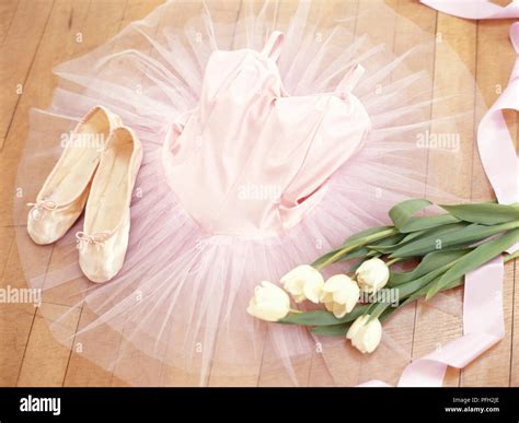 Ballet dancers clothes, lying out on floor, tutu, satin ballet shoes ...