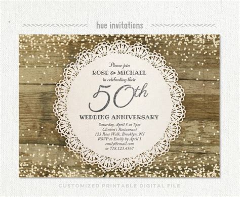 50th wedding anniversary invitation, silver glitter confetti rustic lace doily anniversary party ...