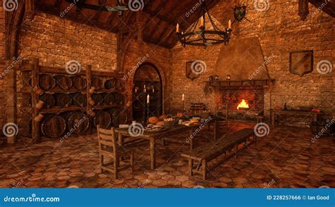 3d Rendering of a Large Old Medieval Castle Kitchen Interior Stock ...