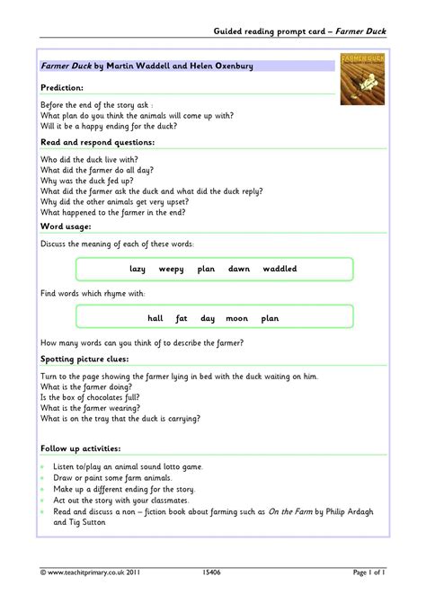 Farmer Duck guided reading card | KS1 comprehension | Teachit