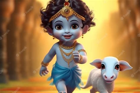 Premium Photo | Little krishna running with his cow in a temple generative AI