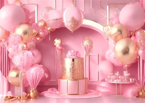 Premium AI Image | a pink birthday cake with balloons and a gold bow.