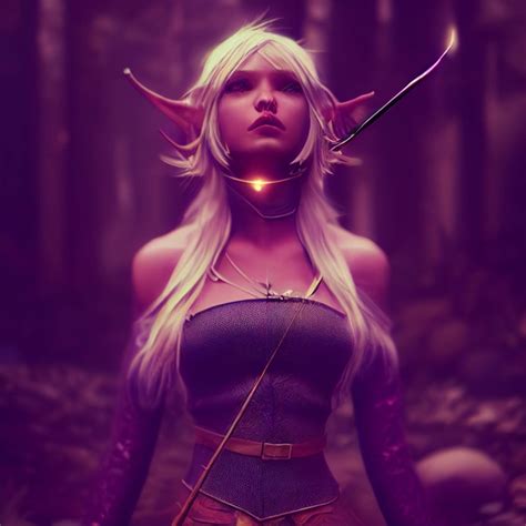 Character design, female elf, shooting bow, blonde | Midjourney