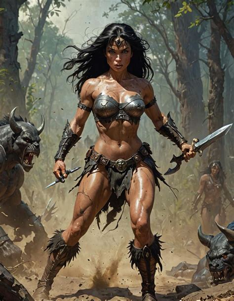 Art by Frank Frazetta, a female warrior of the Amazons strides towards the viewer, her muscles ...