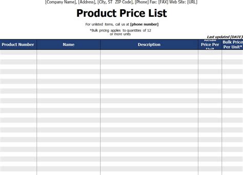 Price List Template | Price List Excel Template