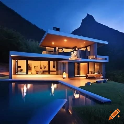 Night view of a modern villa with a pool on a mountain on Craiyon