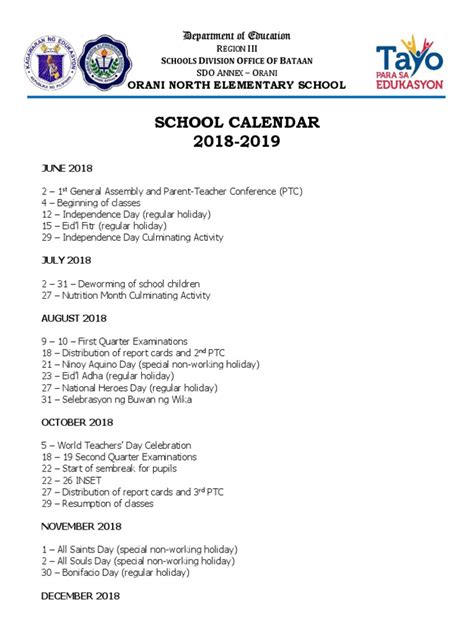 School Calendar 2018-2019: Orani North Elementary School | PDF | Observances | Cultural Anthropology