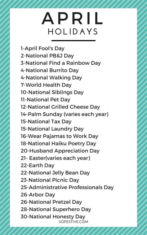 April Holidays 2024 (Random & Fun Holidays) - SoFestive.com | National holiday calendar, Holiday ...