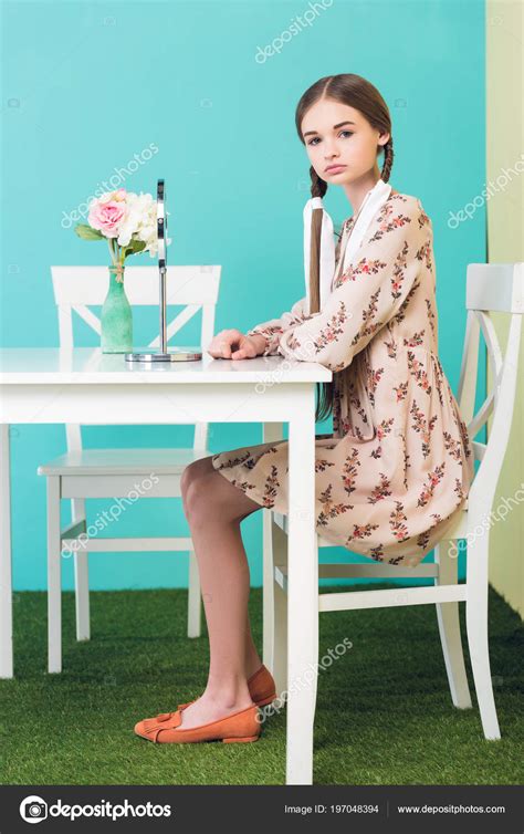 Beautiful Teen Girl Sitting Table Mirror Flowers Blue — Stock Photo ...