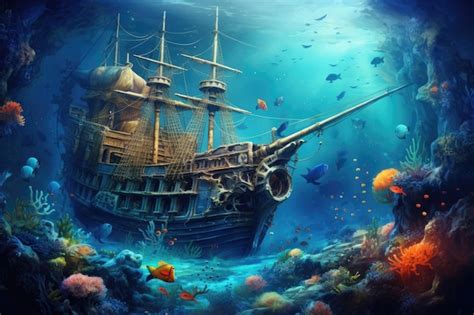 Premium AI Image | Sunken pirate ship in the deep blue sea 3d illustration Beautiful underwater ...