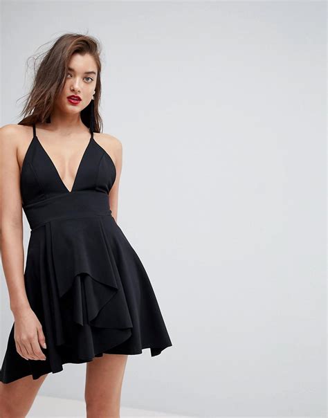 Lyst - Asos Cami Deep Plunge Skater Mini Dress in Black