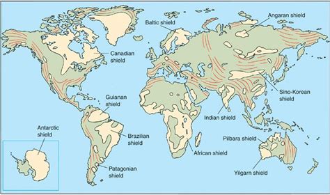 Map showing the distribu-tion of exposures of Pre-cambrian rocks around the world. Areas where ...