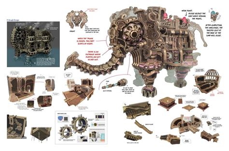 an elephant made out of wood and metal parts is shown in this brochure