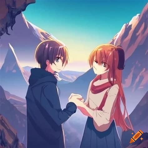 Girl and guy holding hand in mountain anime on Craiyon