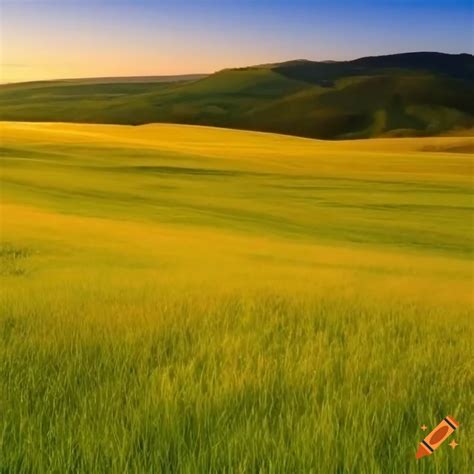 A north american temperate grassland, grass, lone trees, sunrise, sun ...